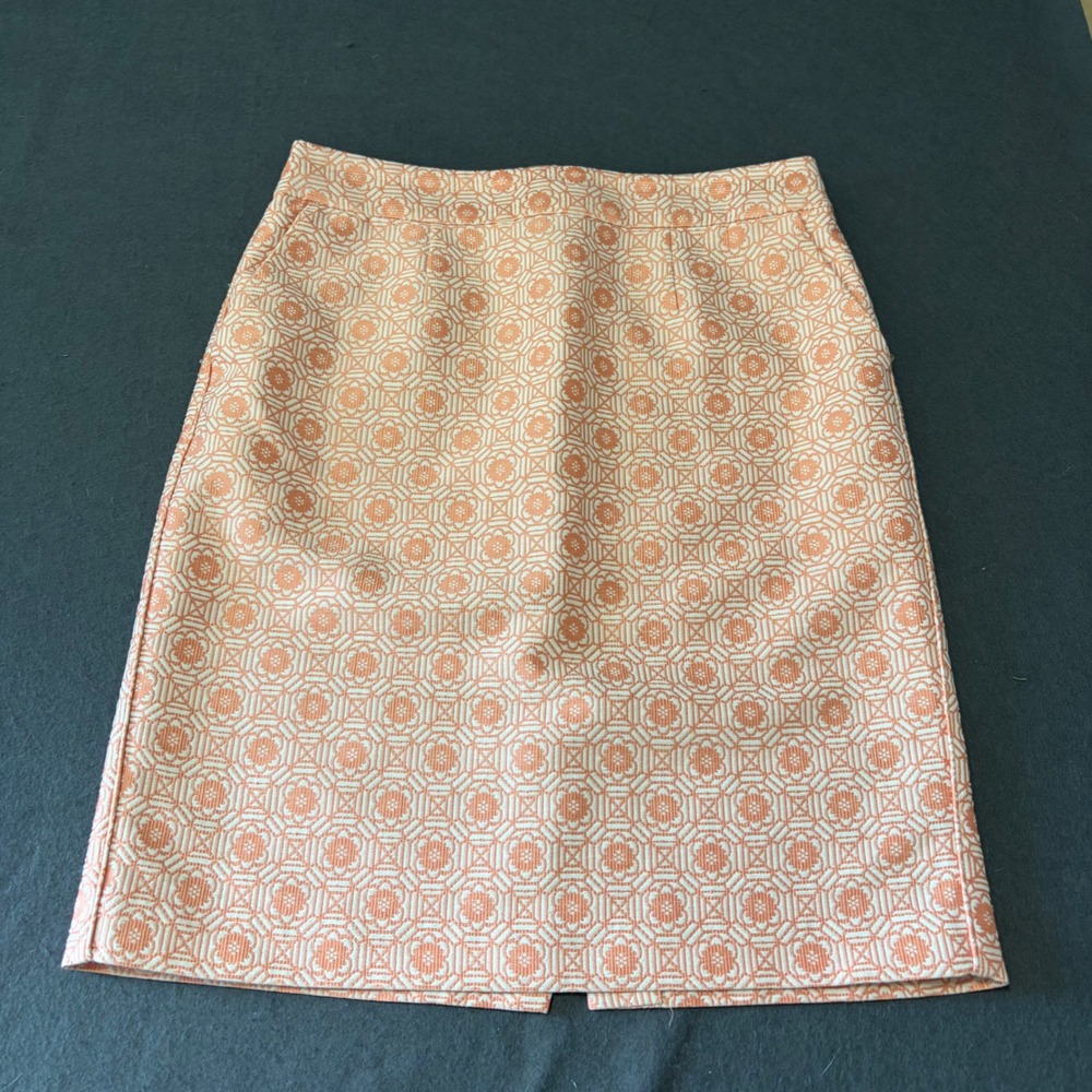 Banana Republic Jacquard Pencil Skirt Womens 10 Sunset Glow Peach Orange Print